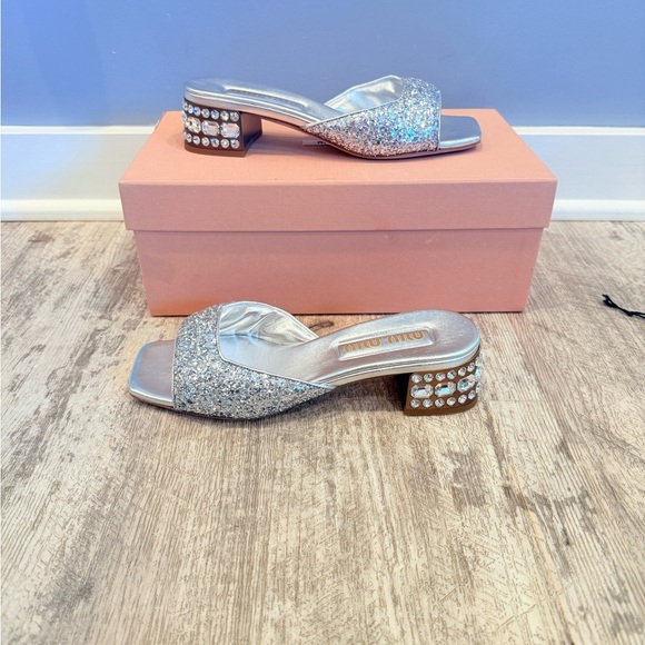 Miu Miu Silver Glitter Mules - Picture 2 of 8